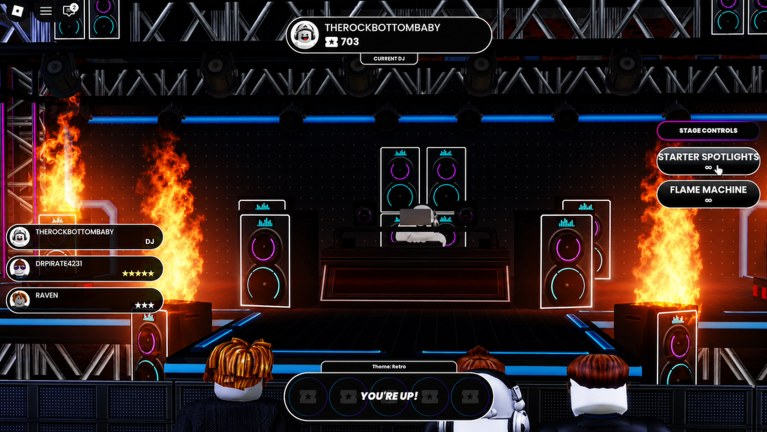 Live Beat Battles stage with Current DJ, star votes, Retro theme, Flame Machine, and You are up prompt